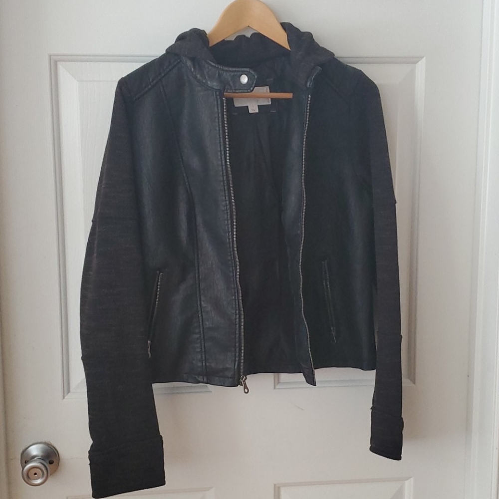 Faux Leather Jacket w/ Cloth Hoodie